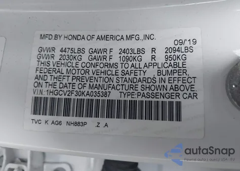 2019 Honda Accord Sport 2.0T z USA, uszkodzony, nr VIN 1HGCV2F30KA035387